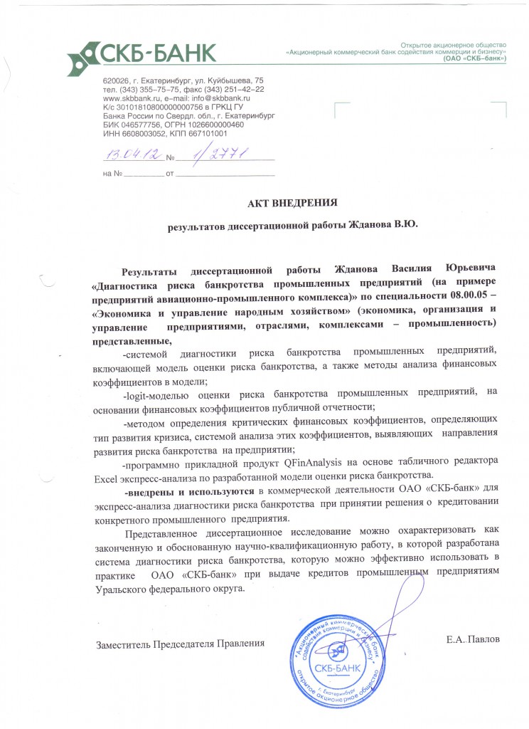 Акт внедрения в ОАО "СКБ-Банк"